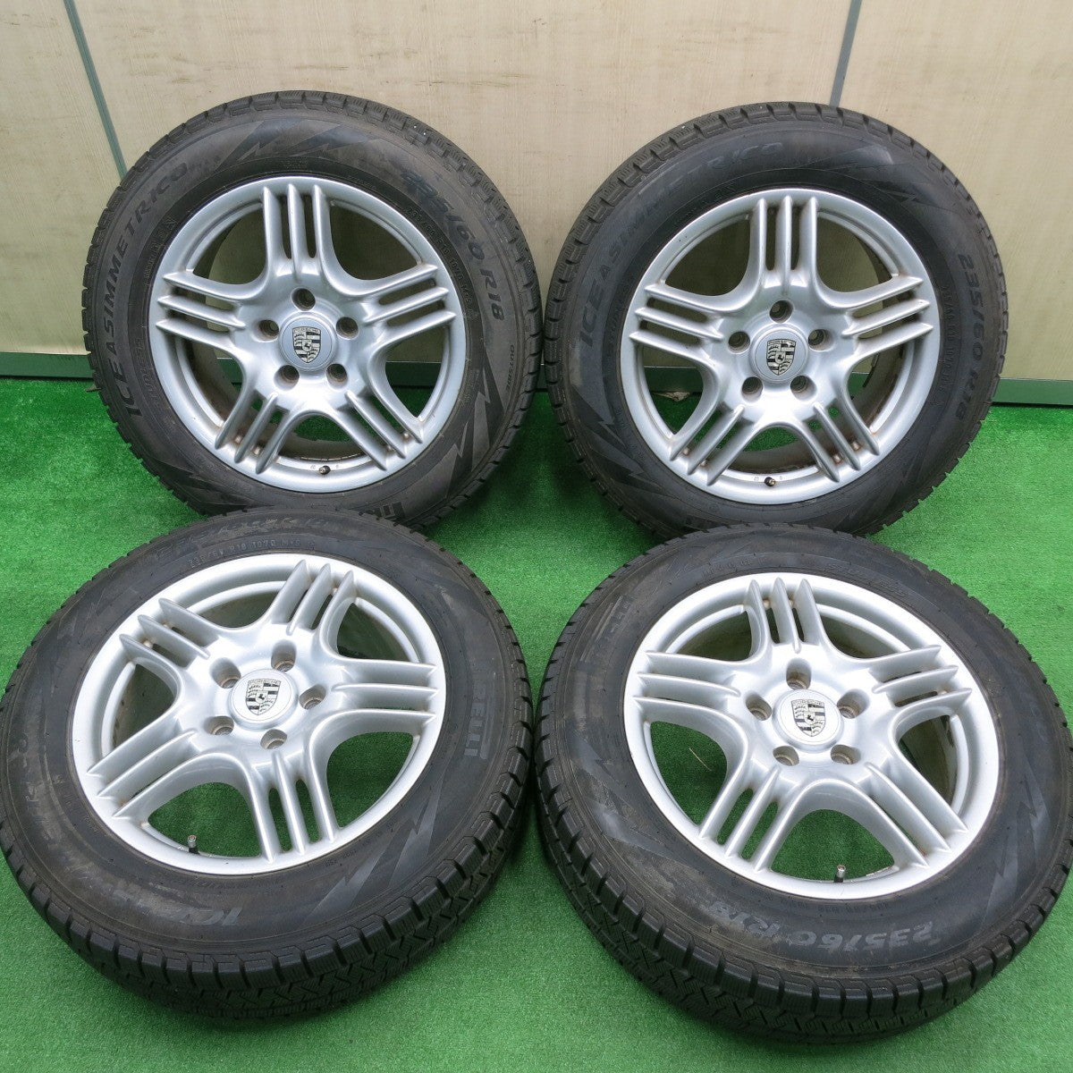 [送料無料] バリ溝！9.5分★ポルシェ 955 カイエン 純正 BBS RD153 235/60R18 スタッドレス ピレリ アイスアシンメトリコ  18インチ PCD130/5H★4100901HAス