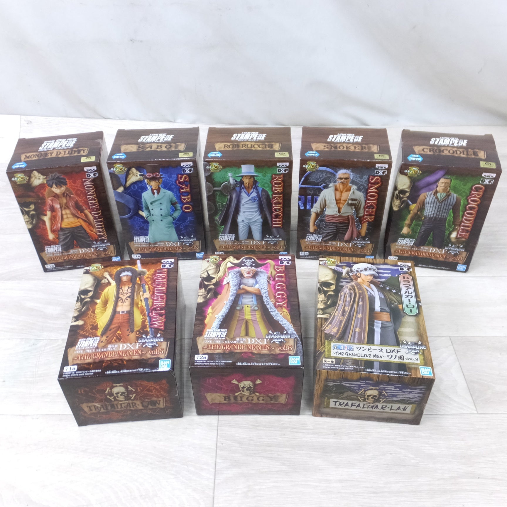 [送料無料] 未使用！8個セット◆バンダイ ワンピース フィギュア スタンピード DXF THE GRANDLINE MEN ルフィ ルッチ サボ  スモーカー クロコダイル 他 vol.1 2 3 4 5 6◆