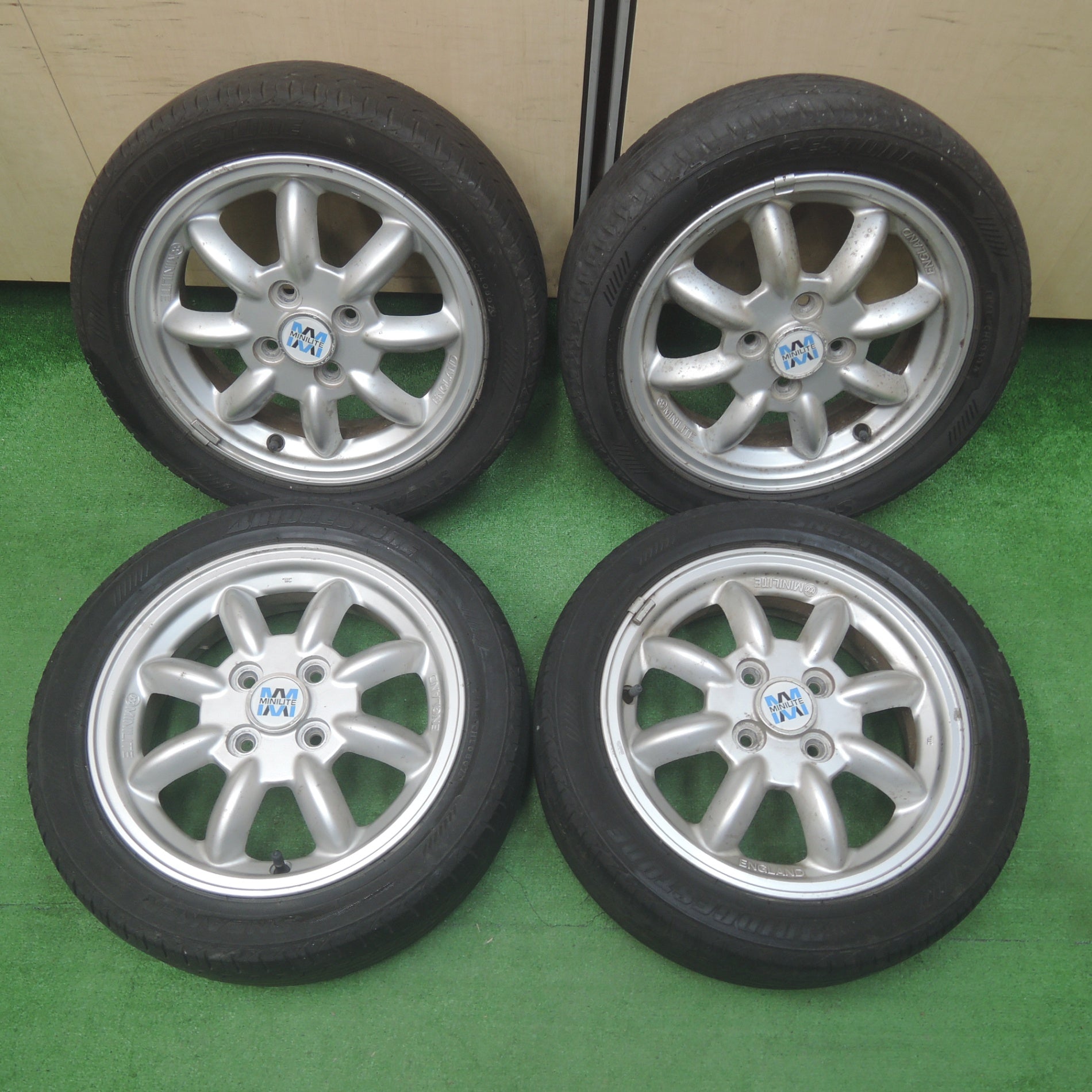 *送料無料* 4本価格★ダイハツ ミラジーノ 純正 MINILITE 165/55R14 ブリヂストン スニーカー SNK2 ミニライト  PCD100/4H★4022112SYノ