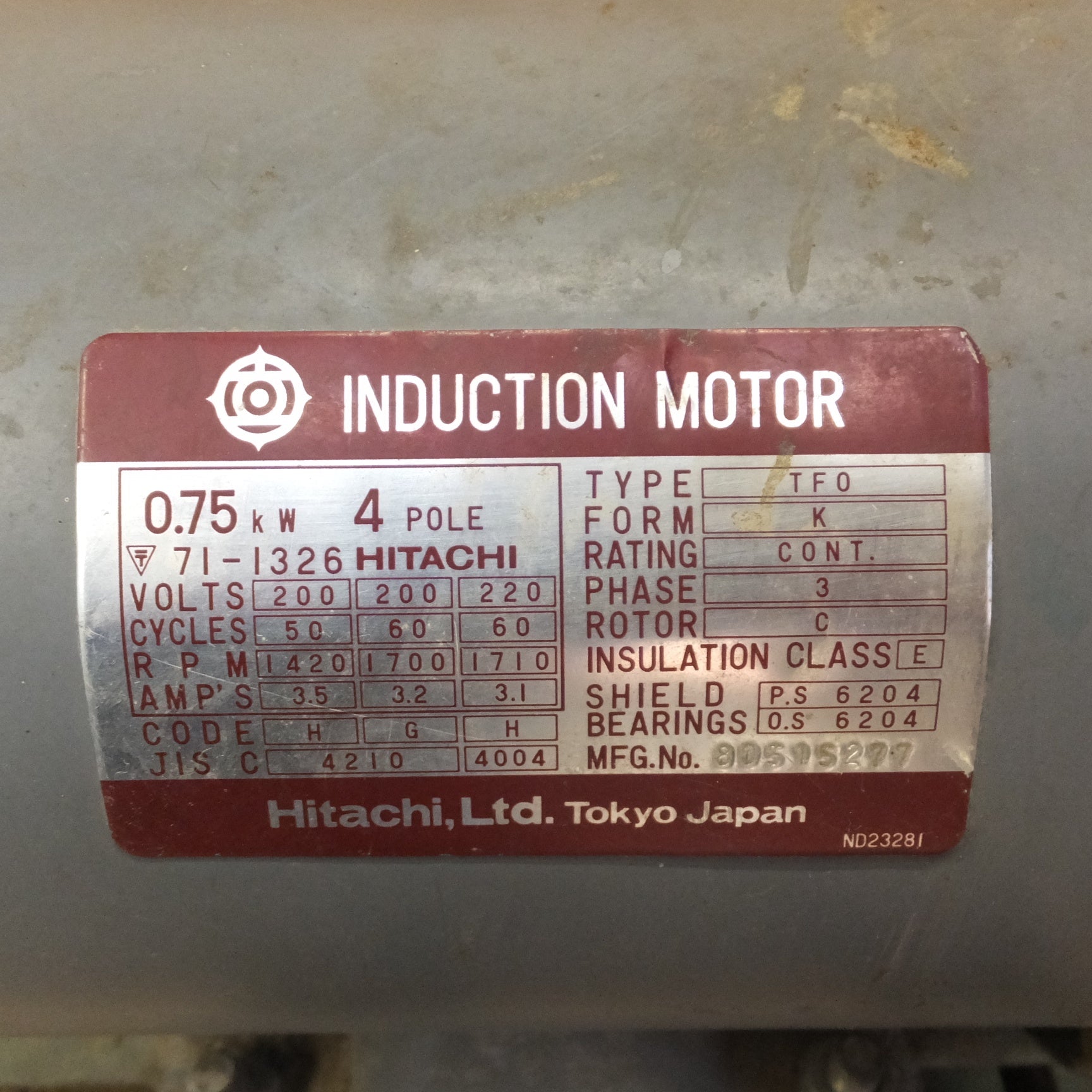 [送料無料] ★日立 HITACHI インダクションモーター TFO-K　三相 200V 50/60Hz 0.75kW 4POLE★