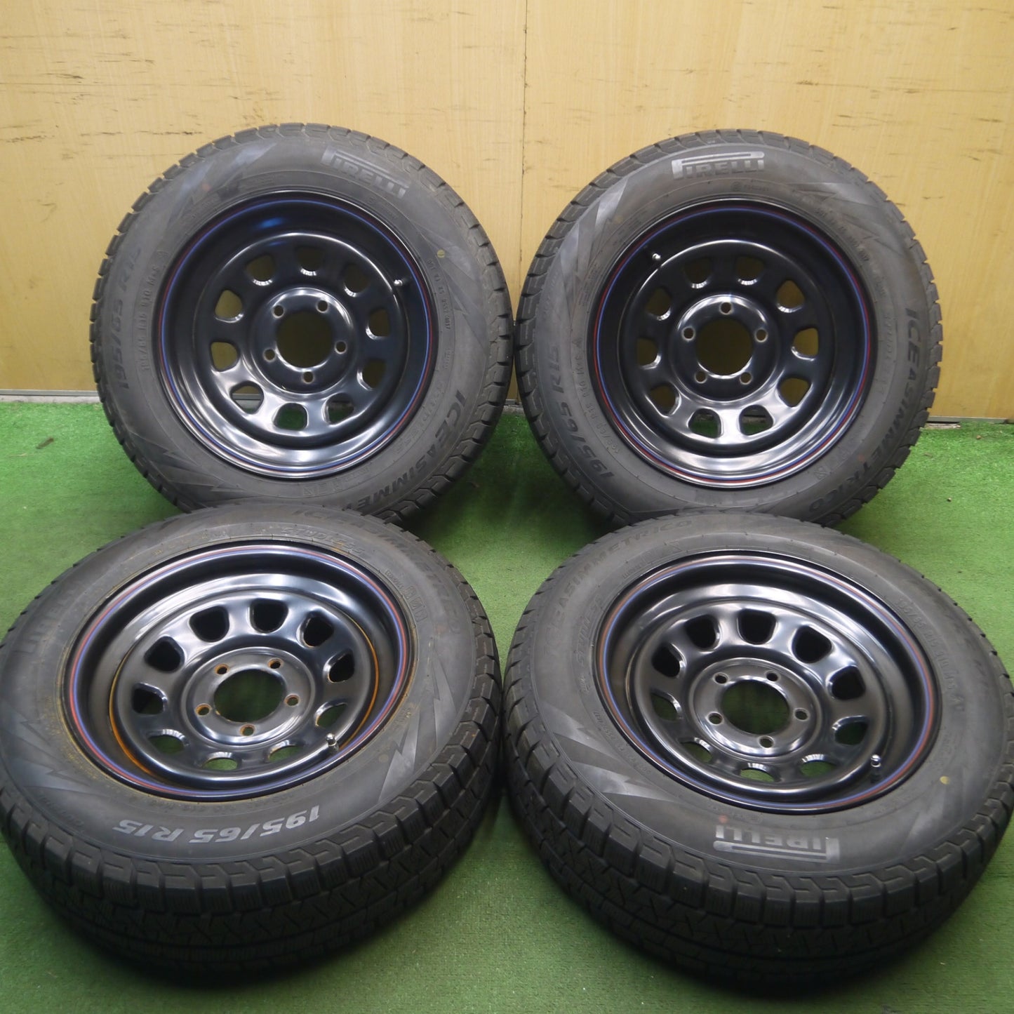 *送料無料* 4本価格★DAYTONA デイトナ 195/65R15 スタッドレス ピレリ アイスアシンメトリコ スチール 15インチ PCD114.3/5H★4072603Hス