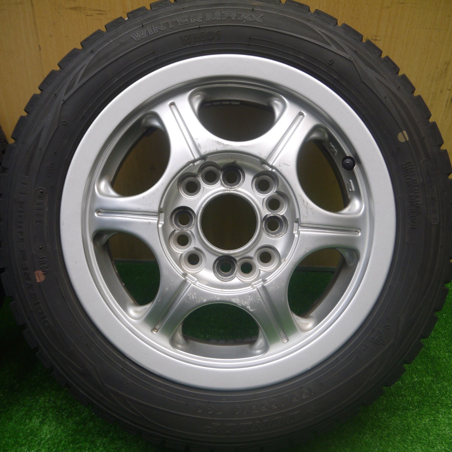 *送料無料* 4本価格★スタッドレス 155/65R13 ダンロップ ウインターマックス WM01 社外 アルミ PCD100 110 114.3/4H マルチ★4082006Hス