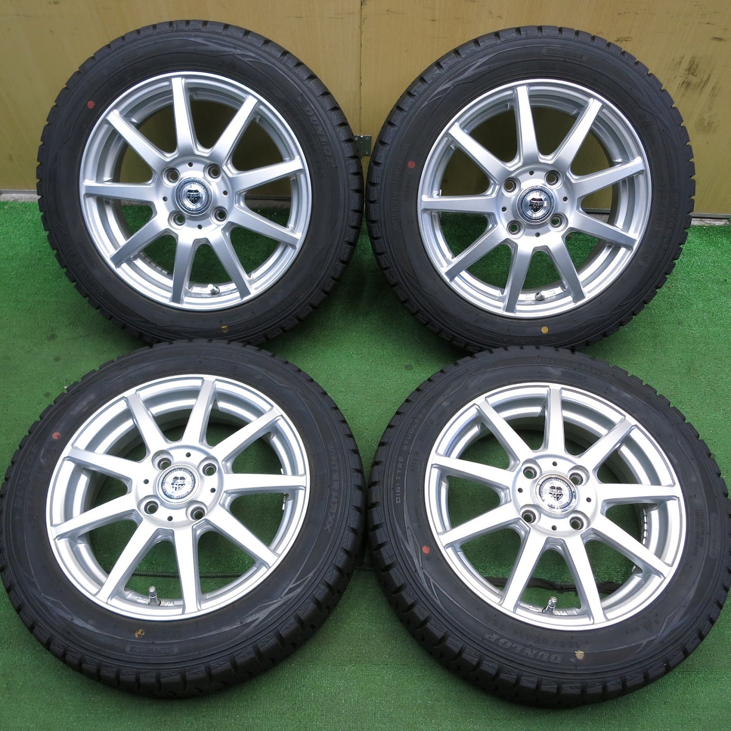 [送料無料]バリ溝！19年！キレイ！9.5分★スタッドレス 155/65R14 ダンロップ ウインターマックス WM01 VOLGA 社外 アルミ 14インチ PCD100/4H★3062307Hス