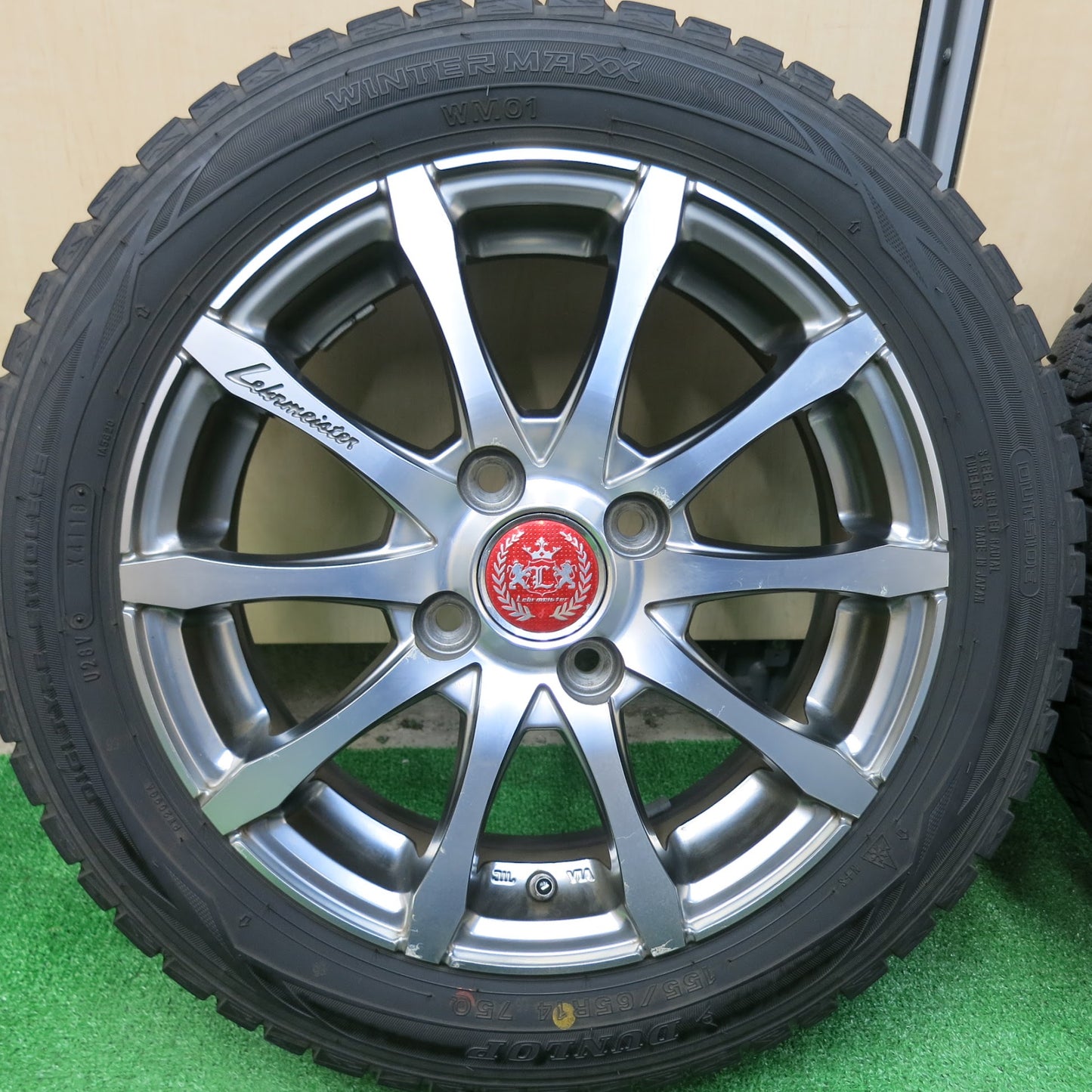 [送料無料]バリ溝！8.5分★スタッドレス 155/65R14 Lehrmeister ダンロップ ウインターマックス WM01 レアマイスター 14インチ PCD100/4H★3032902ヒス