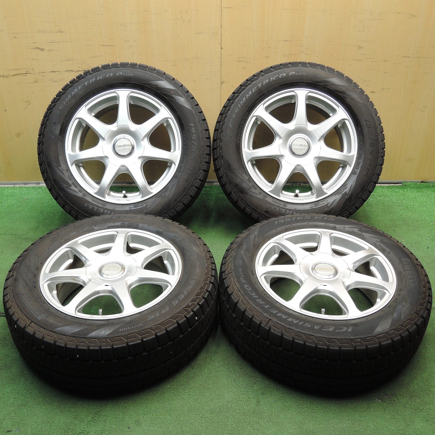 [送料無料]バリ溝！9分★スタッドレス 195/65R15 ピレリ アイスアシンメトリコ プラス EuroBein MANARAY SPORT 15インチ PCD100 114.3/5H マルチ★3080402KKス