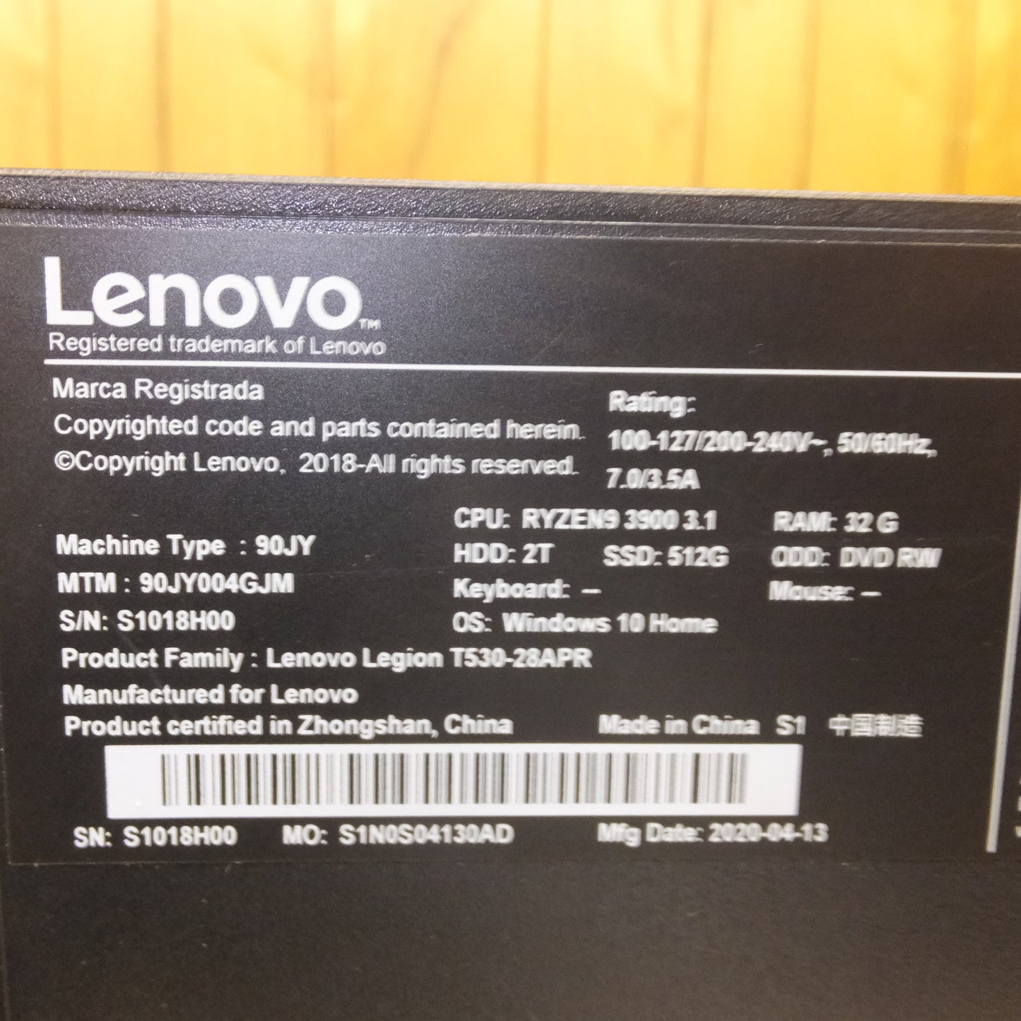 [送料無料]★レノボ Lenovo ゲーミングPC LEGION 90JY004GJM　CPU RIZEN9 3900 3.1 RAM 32G HDD 2T SSD 512G　Windows10　初期化済★