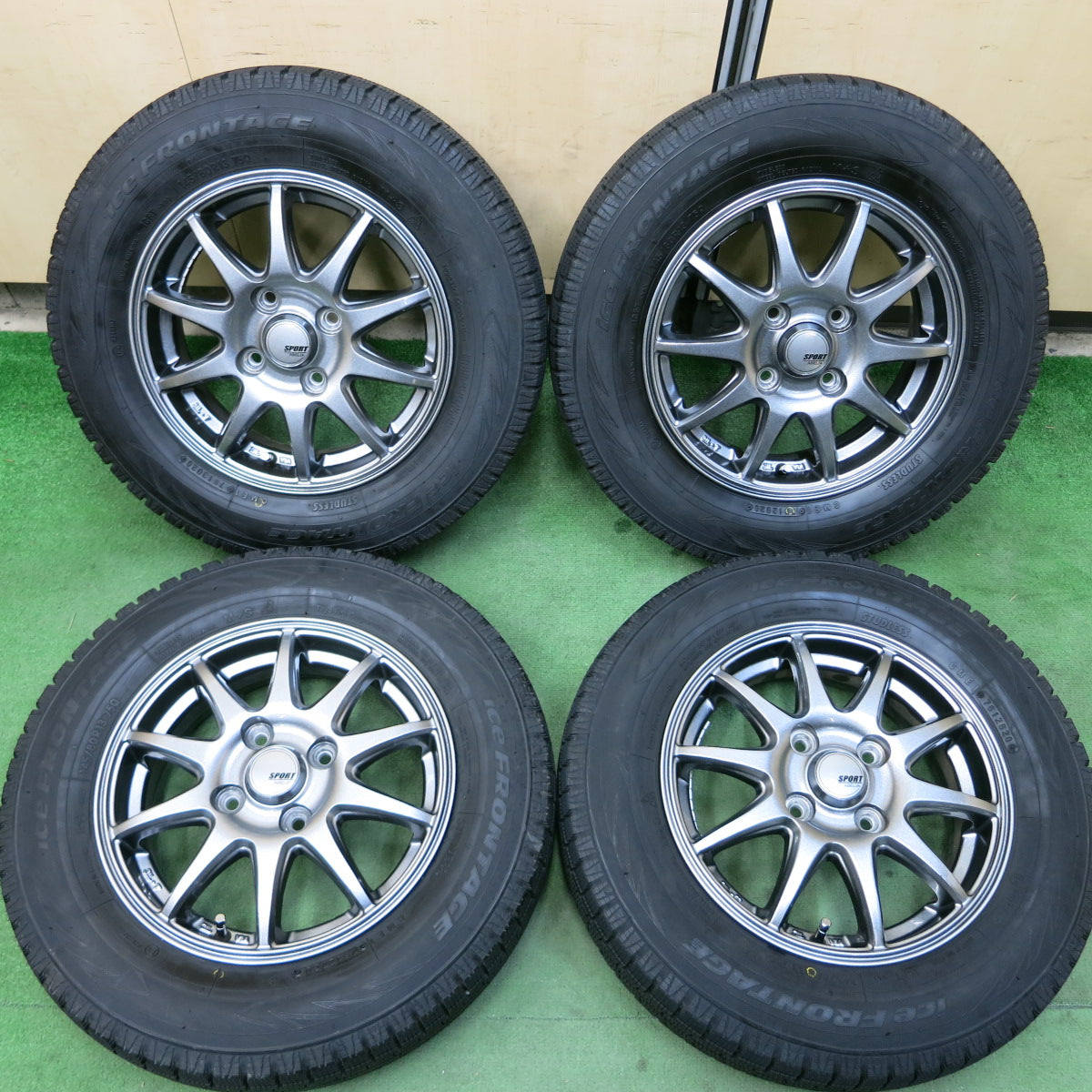 *送料無料*バリ溝！20年！キレイ！ほぼ10分★スタッドレス 145/80R13 ice FRONTAGE SPORT ABELIA 13インチ PCD100/4H アイスフロンテージ★3101505イス