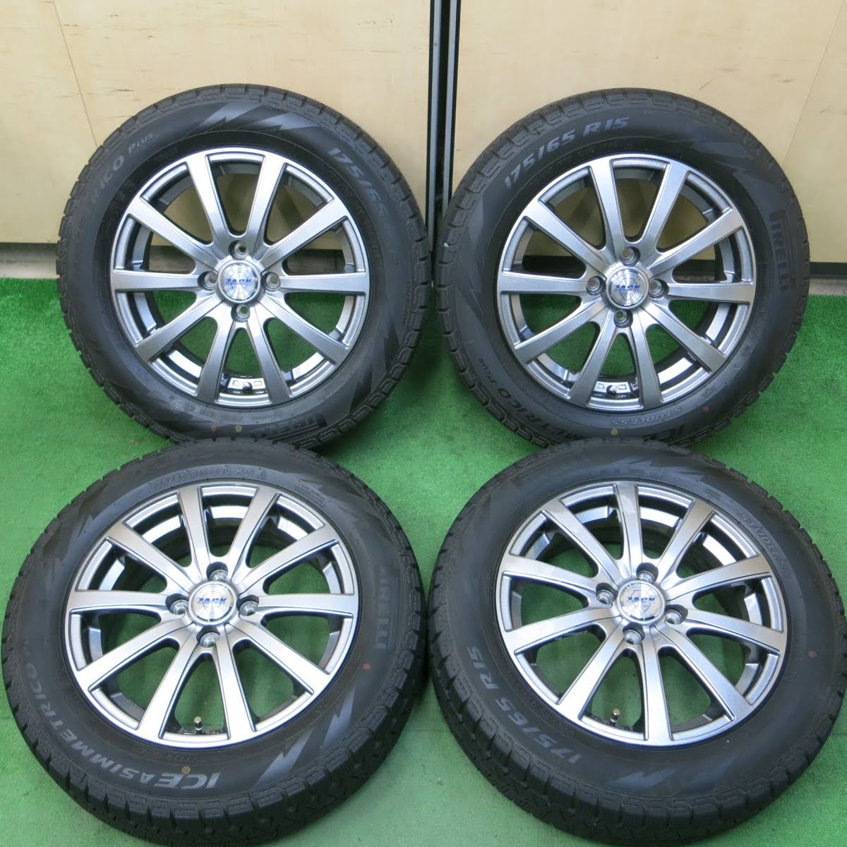 [送料無料]バリ溝！19年！キレイ！ほぼ10分★スタッドレス 175/65R15 ピレリ アイスアシンメトリコ プラス ZACK JP-110 MONZA 15インチ PCD100/4H★3091107イス