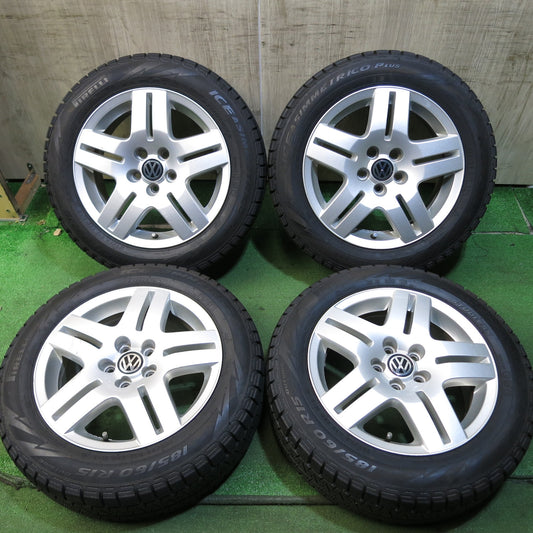 [送料無料]バリ溝！20年！キレイ！9.5分★ワーゲン ポロ 純正 185/60R15 スタッドレス ピレリ アイスアシンメトリコ プラス 15インチ PCD100/5H★3051205Hス